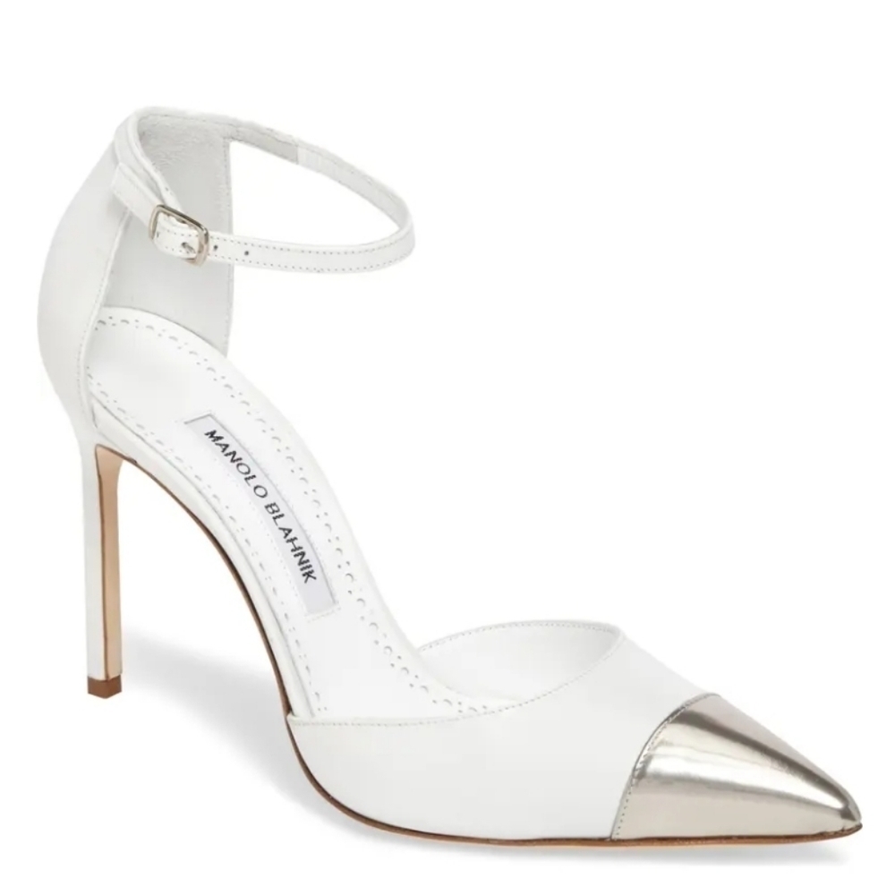 Manolo Blahnik Trova Cap-Toe Leather 105mm Ankle-Wrap Pumps